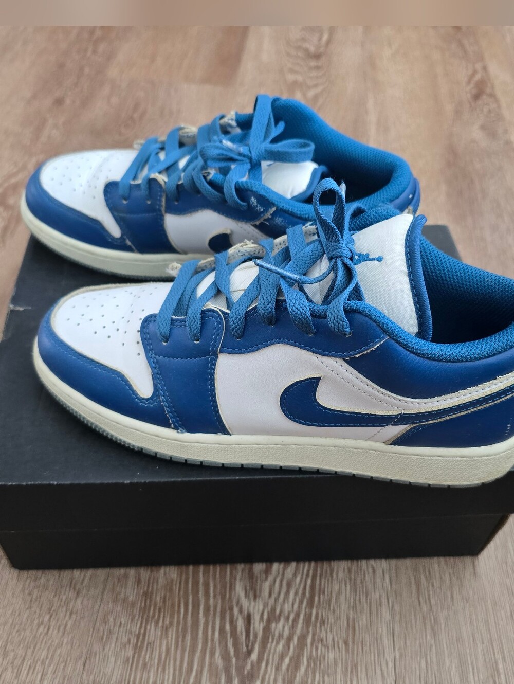 Jordan 1 Youth Blue and White Low-Top Sneakers